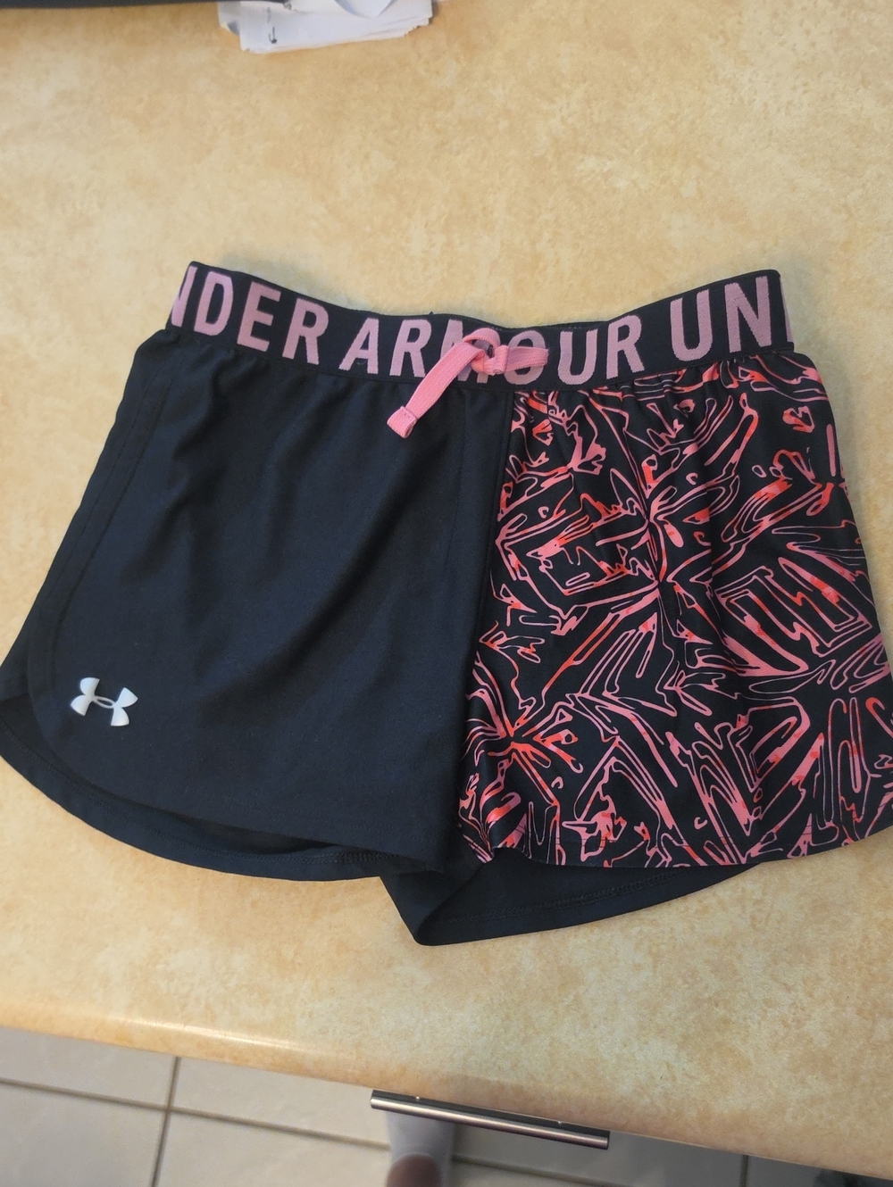 Under Armour Women's Black Shorts with Pink Patterned Panel